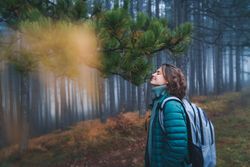 Young happy woman traveler in green jacket with backpack in foggy pine forest enjoying walking breathing fresh air