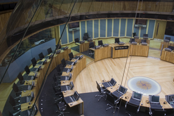 Welsh Assembly debating chamber, UK.